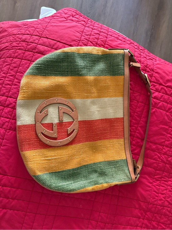 Handbags - Striped Multicolor Canvas Vintage Shoulder Bag with Logo Accent